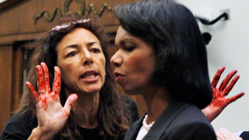 Code Pink member Desiree Anita Ali-Fairooz confronts Secretary of State Condoleezza Rice on October 24, 2007 in Washington. Image via AP.